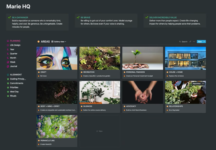Kuvakaappaus hänen Notion etusivustansa