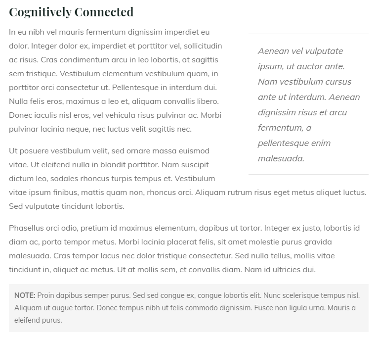 Ruutukaappaus templaatista, jossa pull quote ja Note-alue.